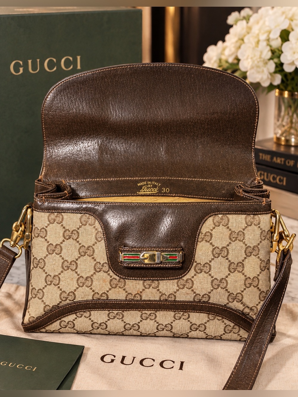 Gucci Beige Monogram Canvas Shoulder Bag with Brown Leather Trim authentic 1970